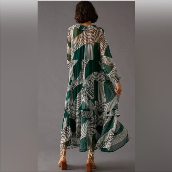 By Anthropologie Marais Green & Black Printed Chiffon Maxi Dress Size XL - Picture 2 of 13